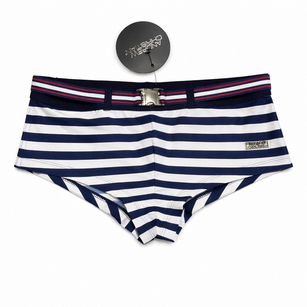 Andrew Christian Small (28-31) Navy White Striped Swim Briefs Buckle Belt 70063 - Picture 3 of 7